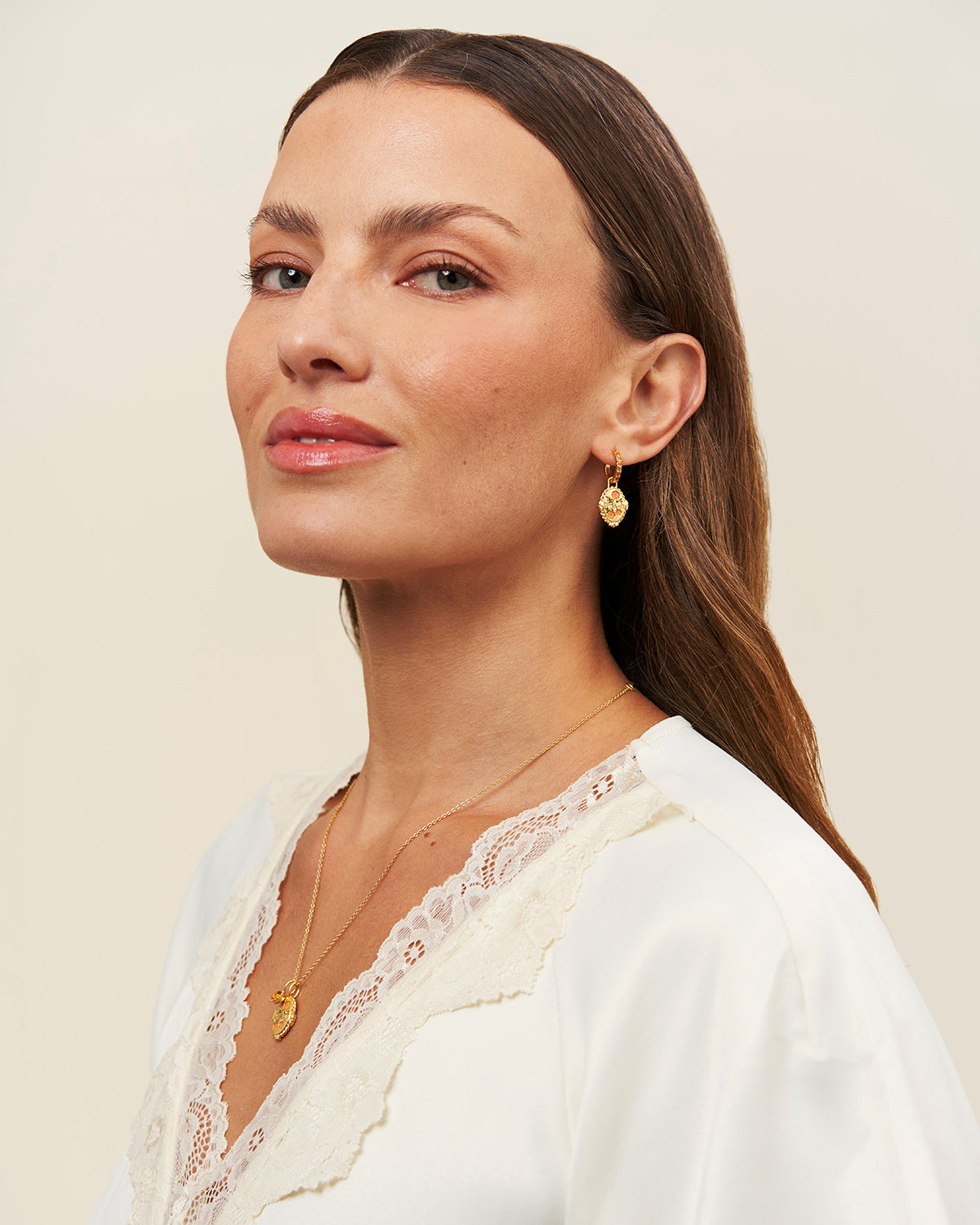 November Birthstone Chrysanthemum Huggie Earrings – model shot