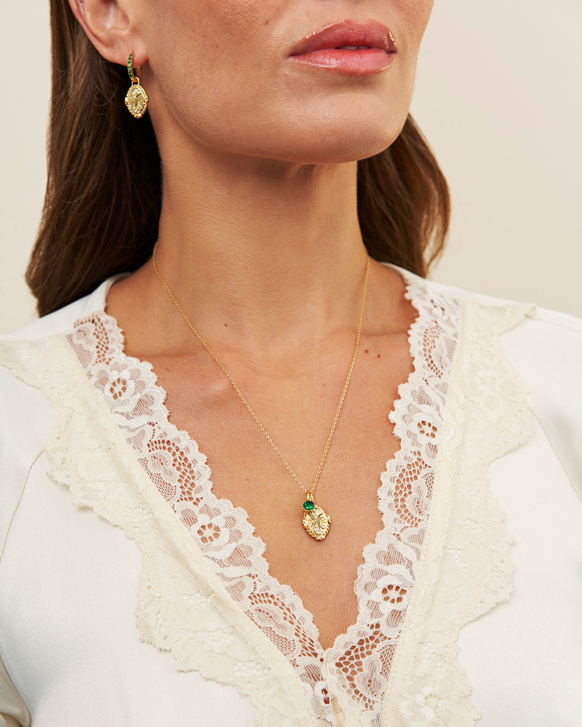 May Birthstone Lily of the Valley Charm Necklace – model shot
