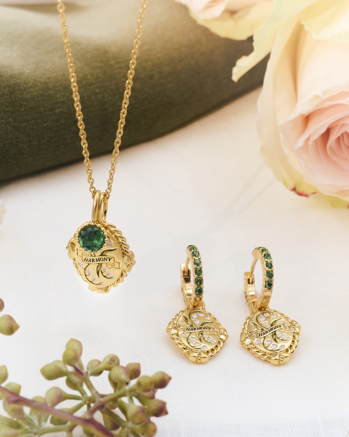 May Birthstone necklace and huggie earrings