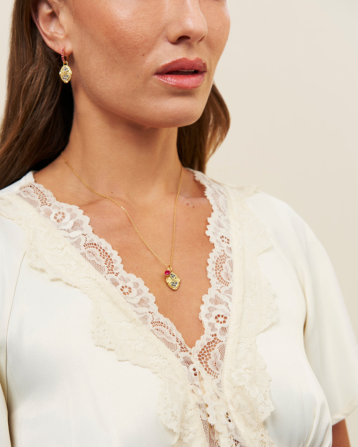 July Birthstone Larkspur Charm Necklace – model shot