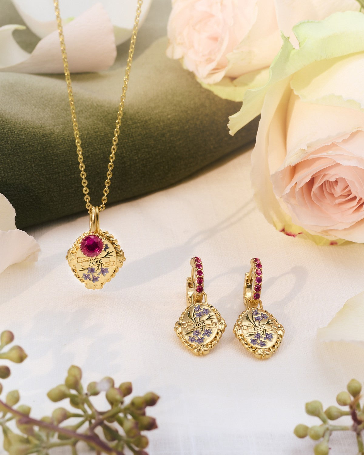 July Birthstone necklace and huggie earrings