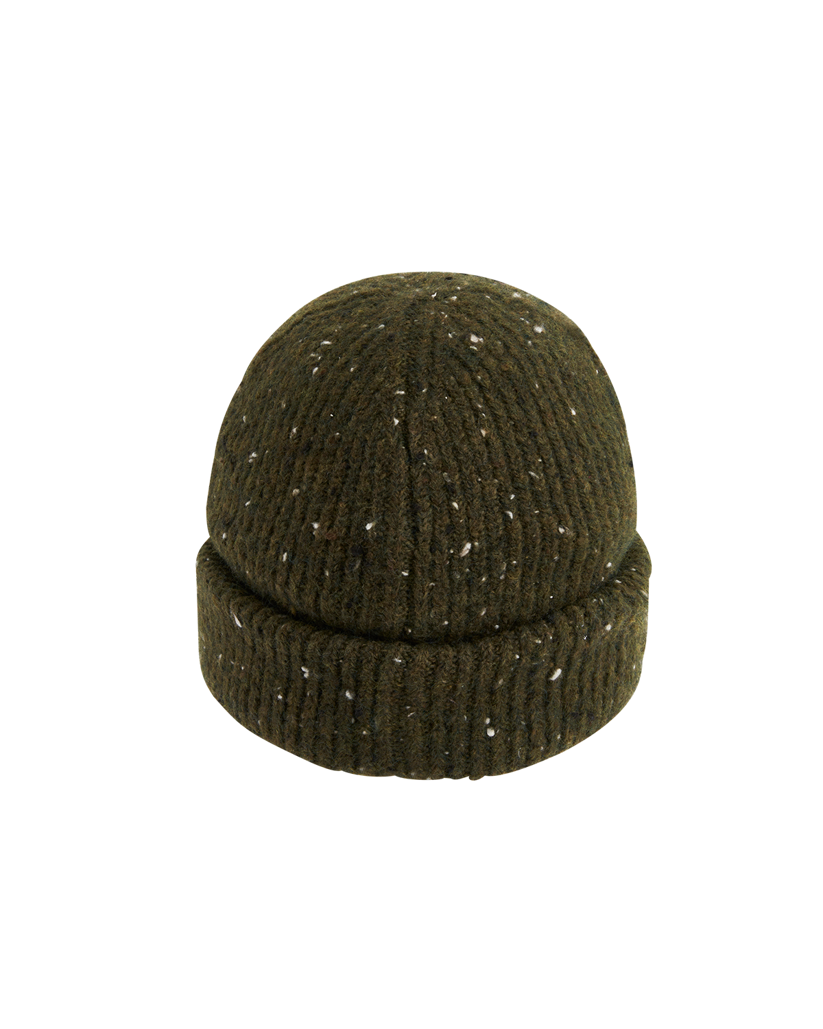 Green knit beanie with white speckles on a white background