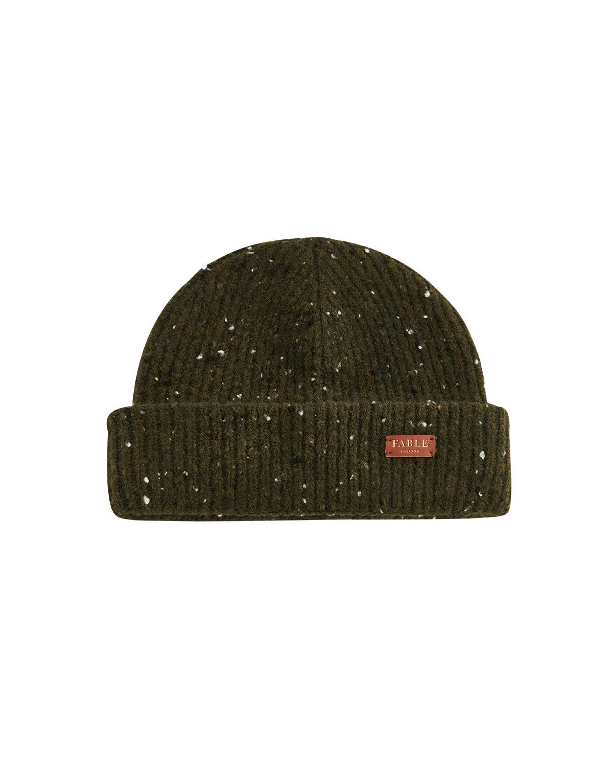 Dark green knit beanie with a brand label on a white background
