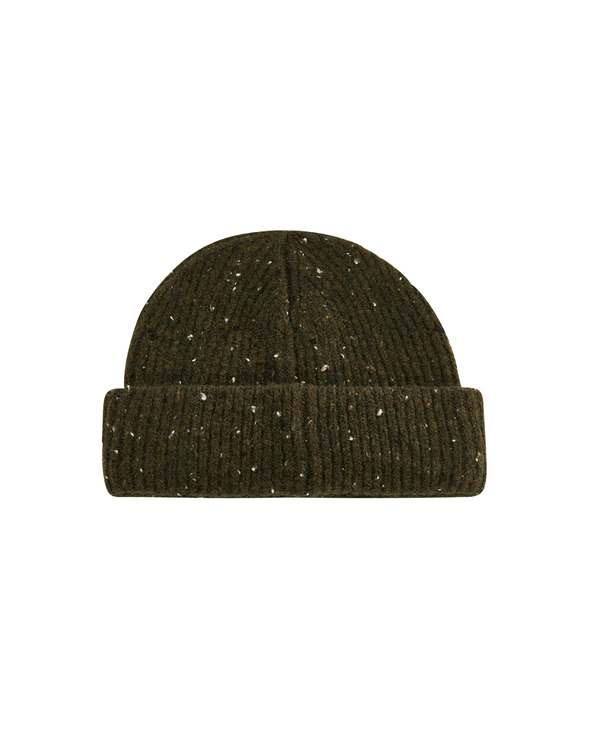 Dark green knit beanie with speckled pattern on a white background