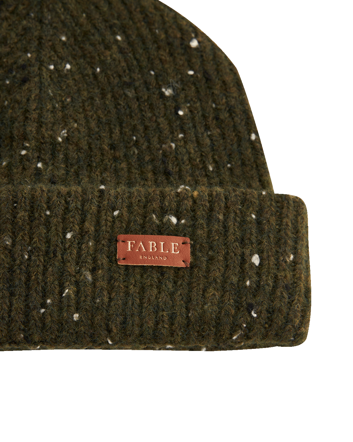 Green knit beanie with a brown leather patch labeled 'Fable England' on a white background