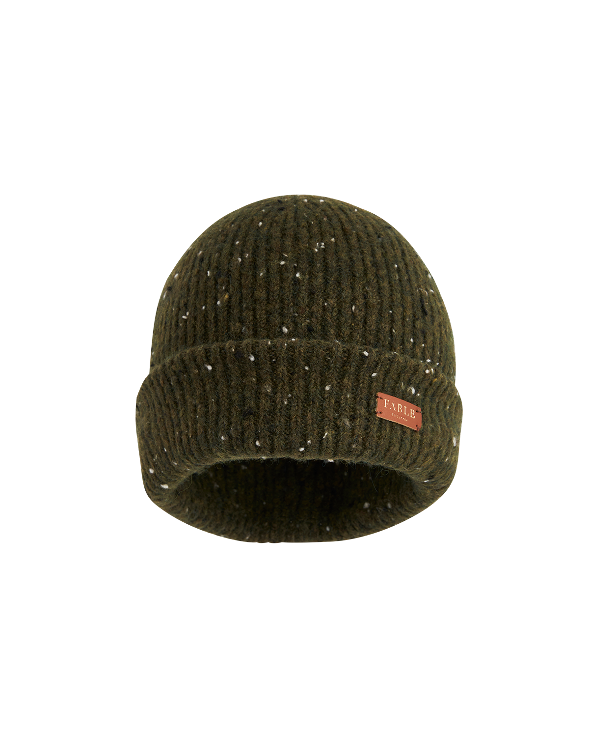 Dark green knit beanie with a brand label on a white background