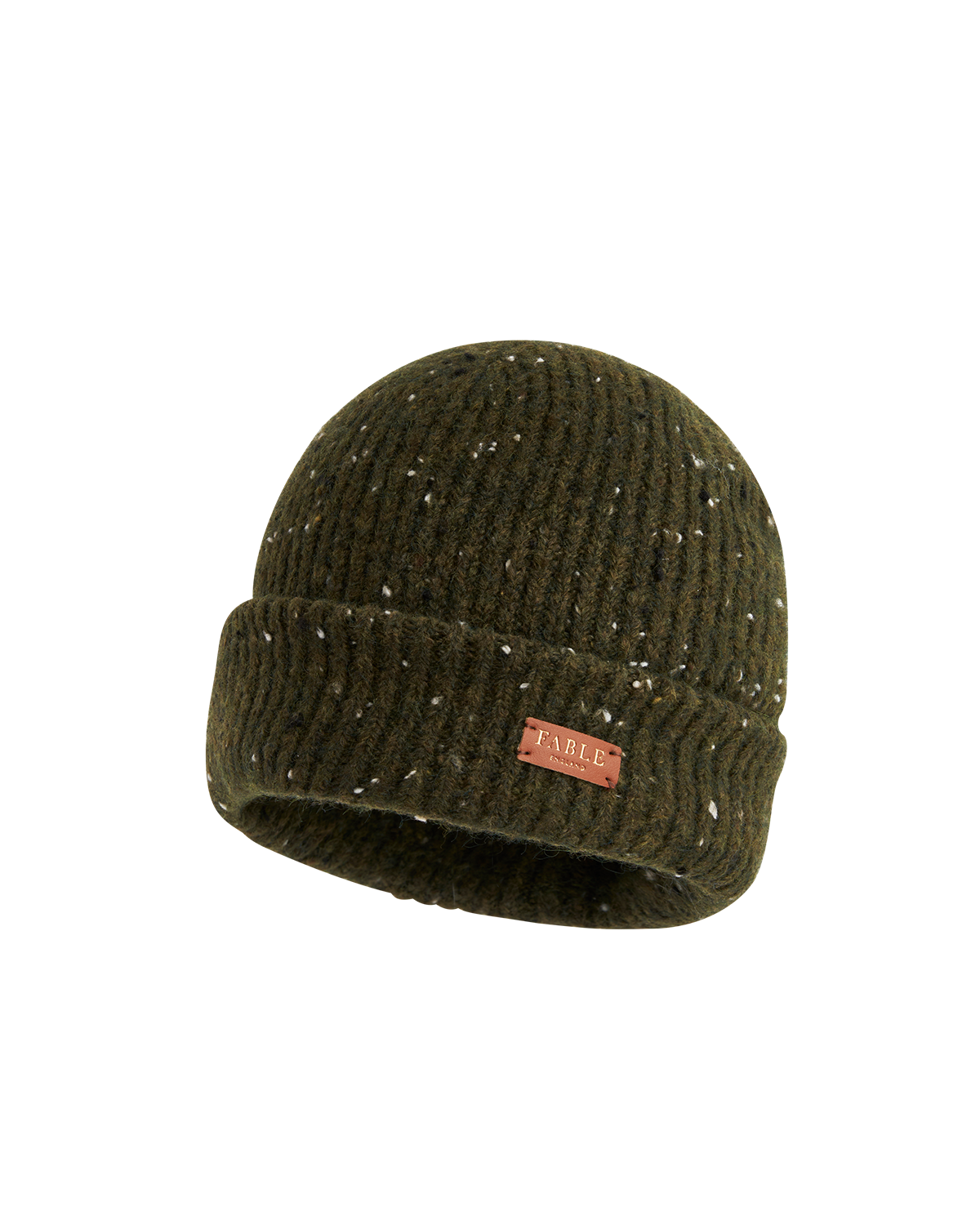 Green knit beanie with a brand label on a white background