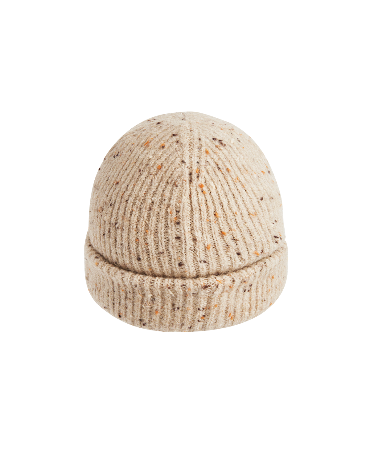 Taupe knit beanie on a white background