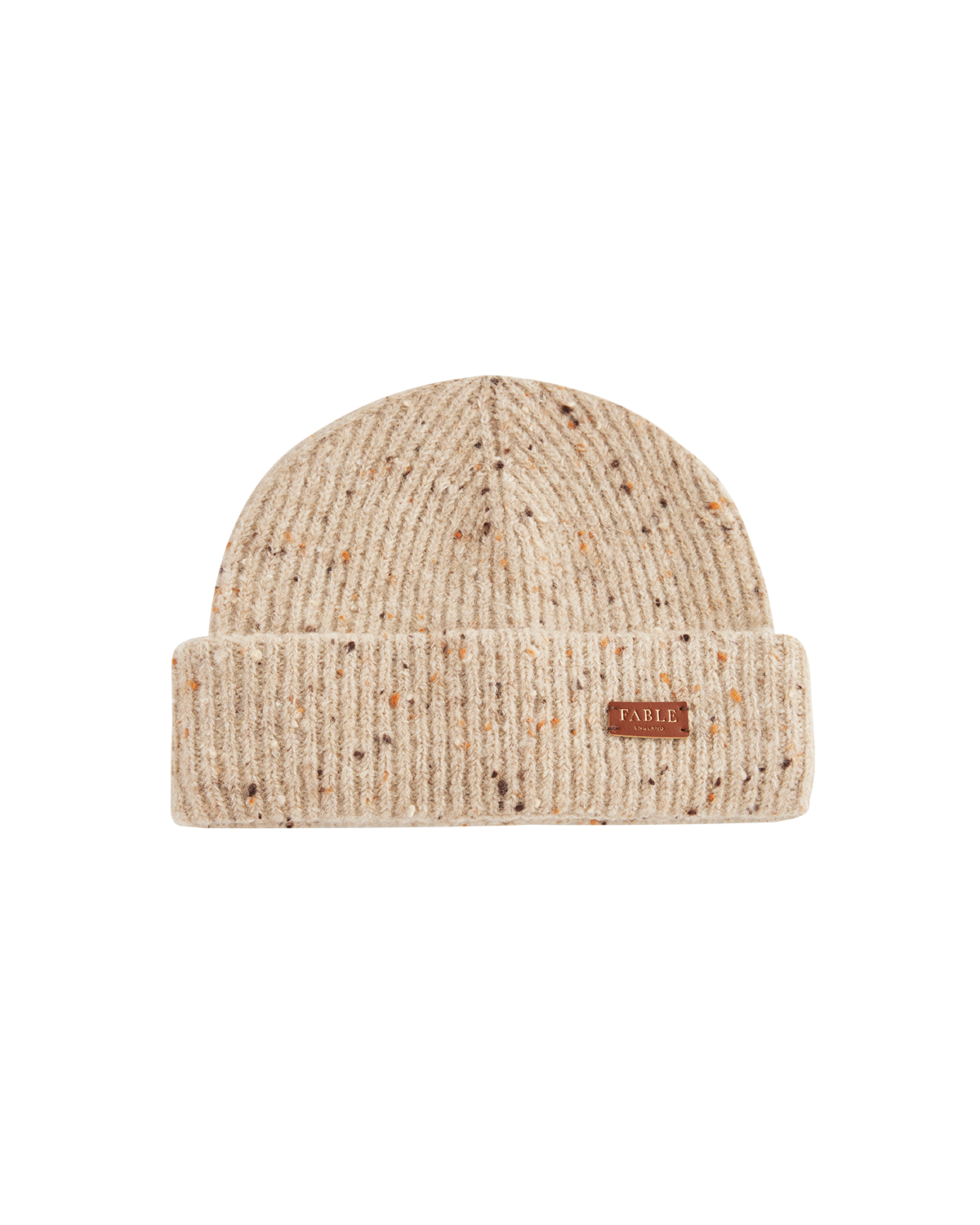 Taupe knit beanie with speckled pattern on a white background