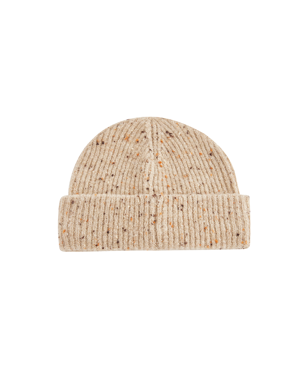 Taupe knit beanie on a white background