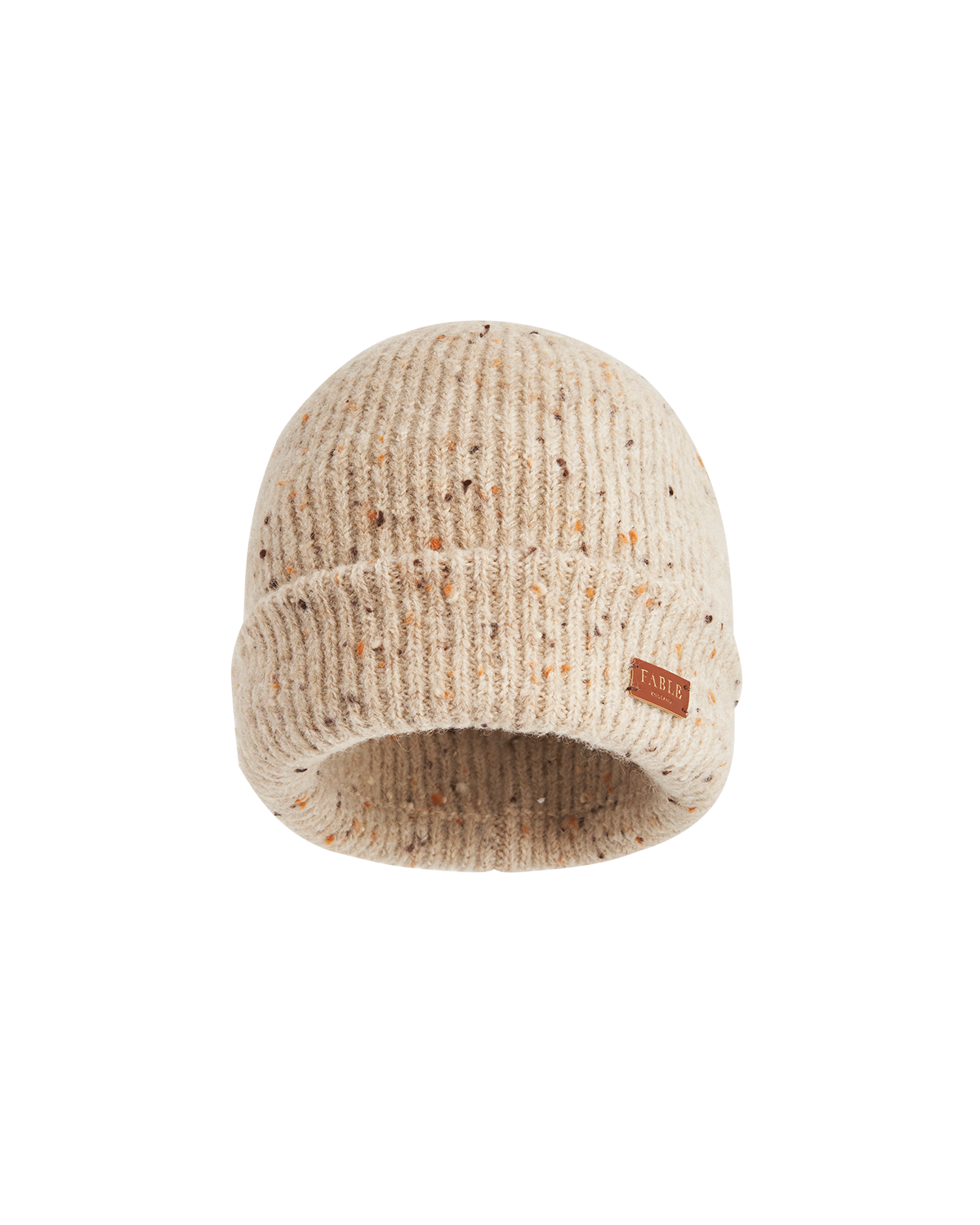 Taupe knit beanie with a brand logo on a white background