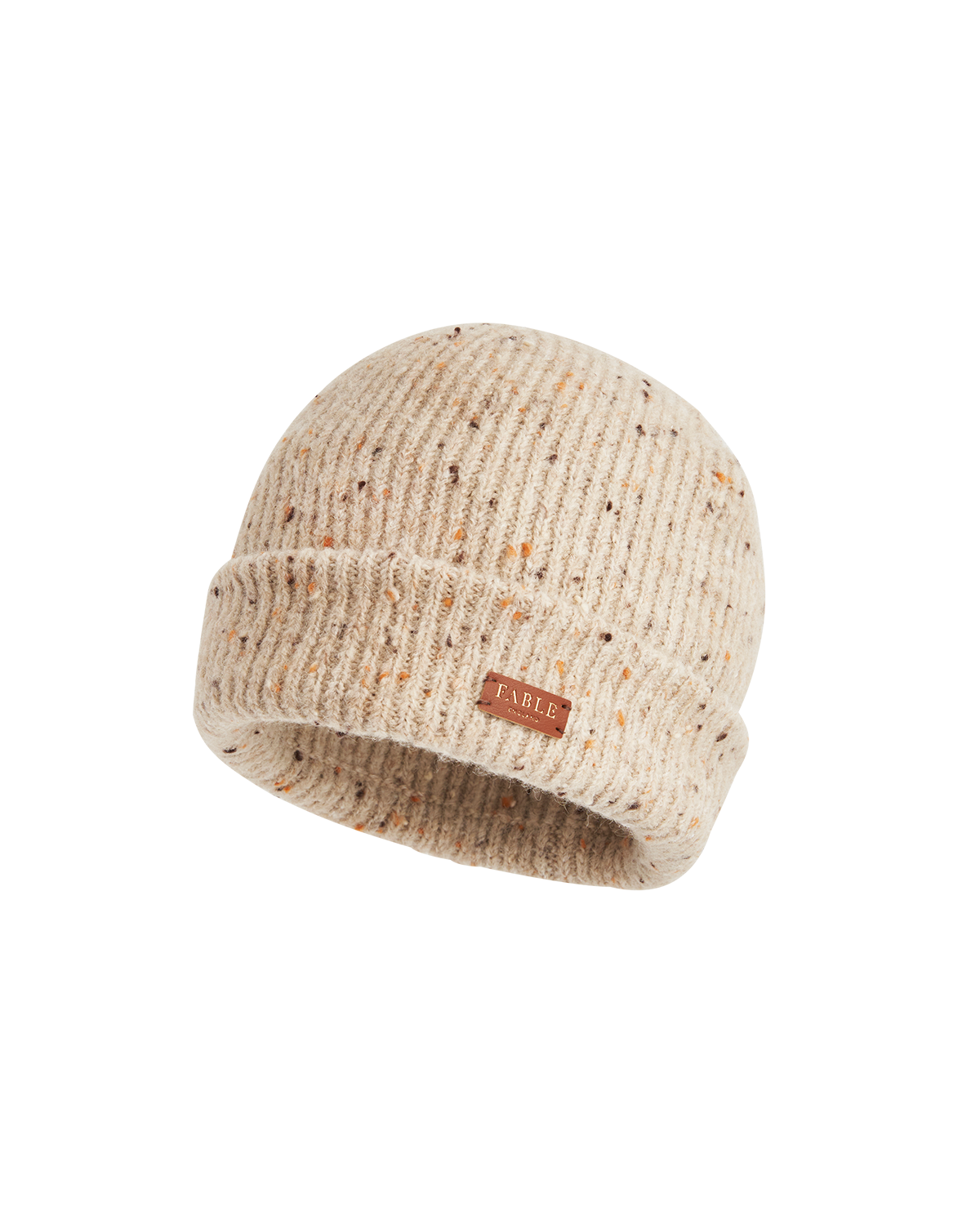 Taupe knit beanie with a brand logo on a white background