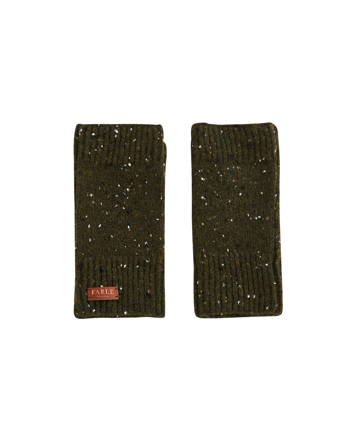 Pair of green fingerless gloves with a Fable England label on a white background