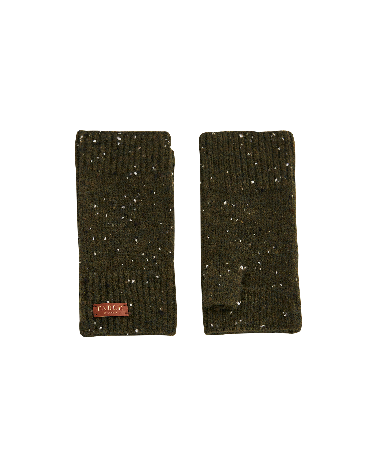 Pair of green knitted fingerless gloves with Fable England label on a white background