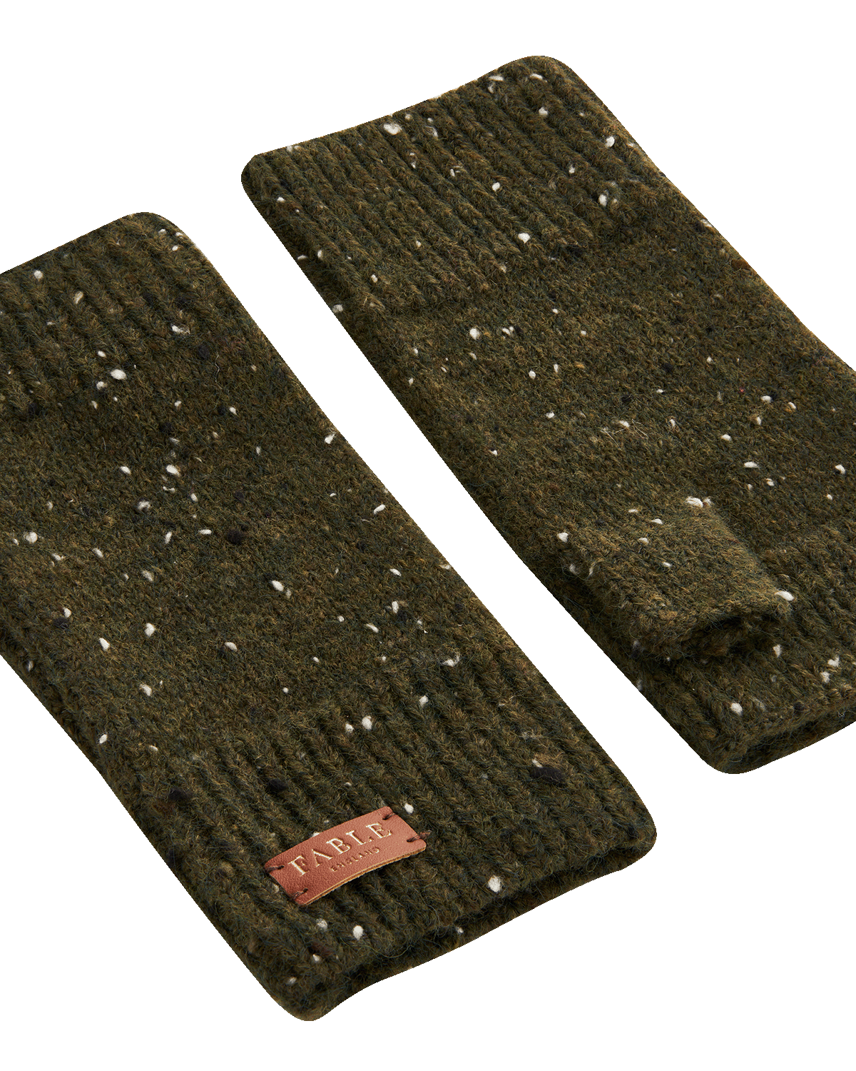 Pair of dark green knitted fingerless gloves with Fable England label on a white background