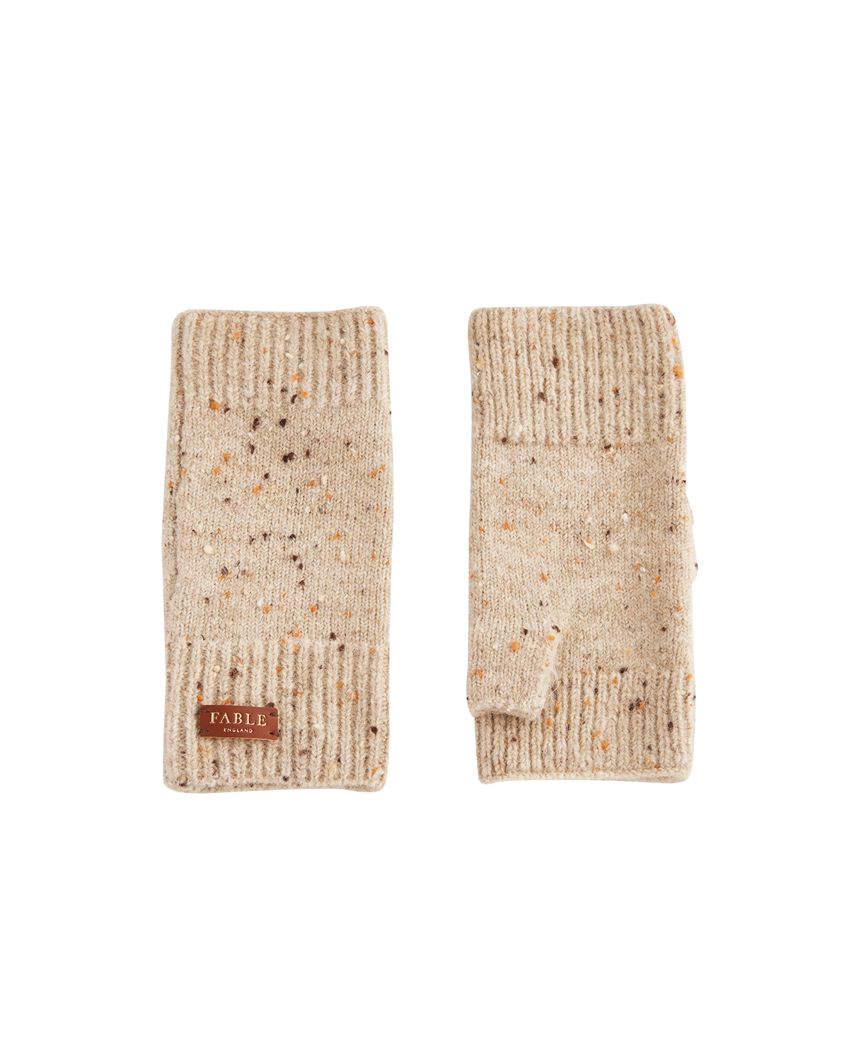 Pair of beige fingerless gloves with a brand label on a white background