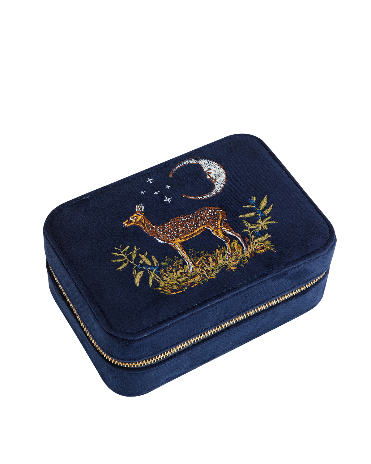 Deer & Moon Embroidered Large Jewellery Box Blueberry Velvet