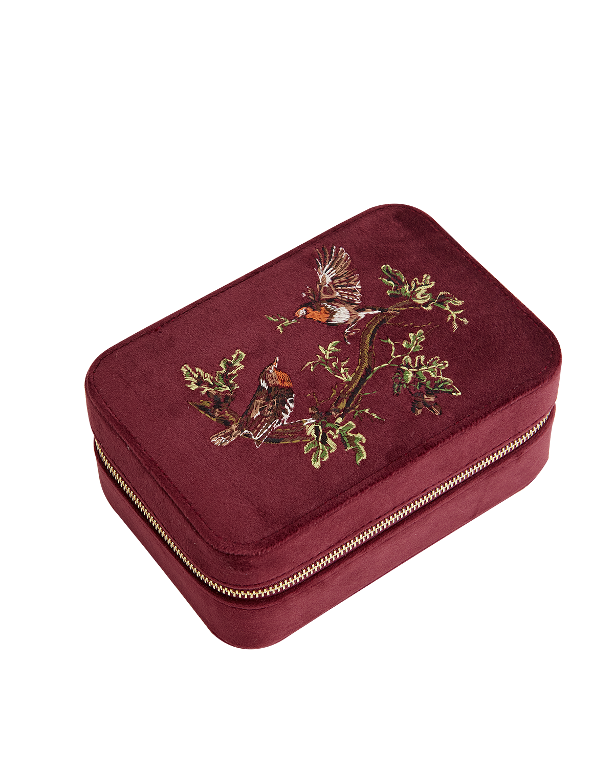Robin Love Embroidered Large Jewellery Box Redcurrant Velvet