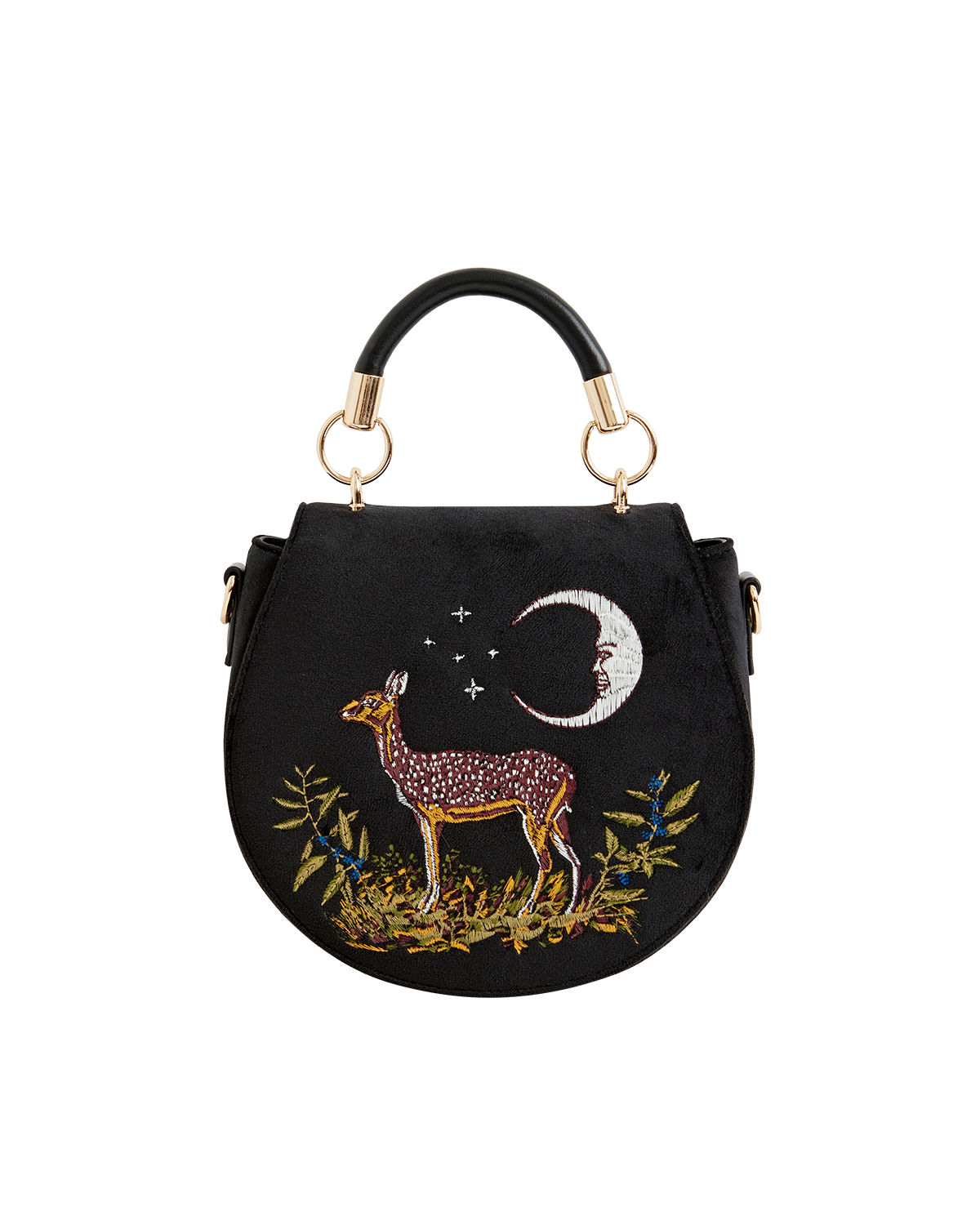 Deer & Moon Embroidered Saddle Bag Black Velvet