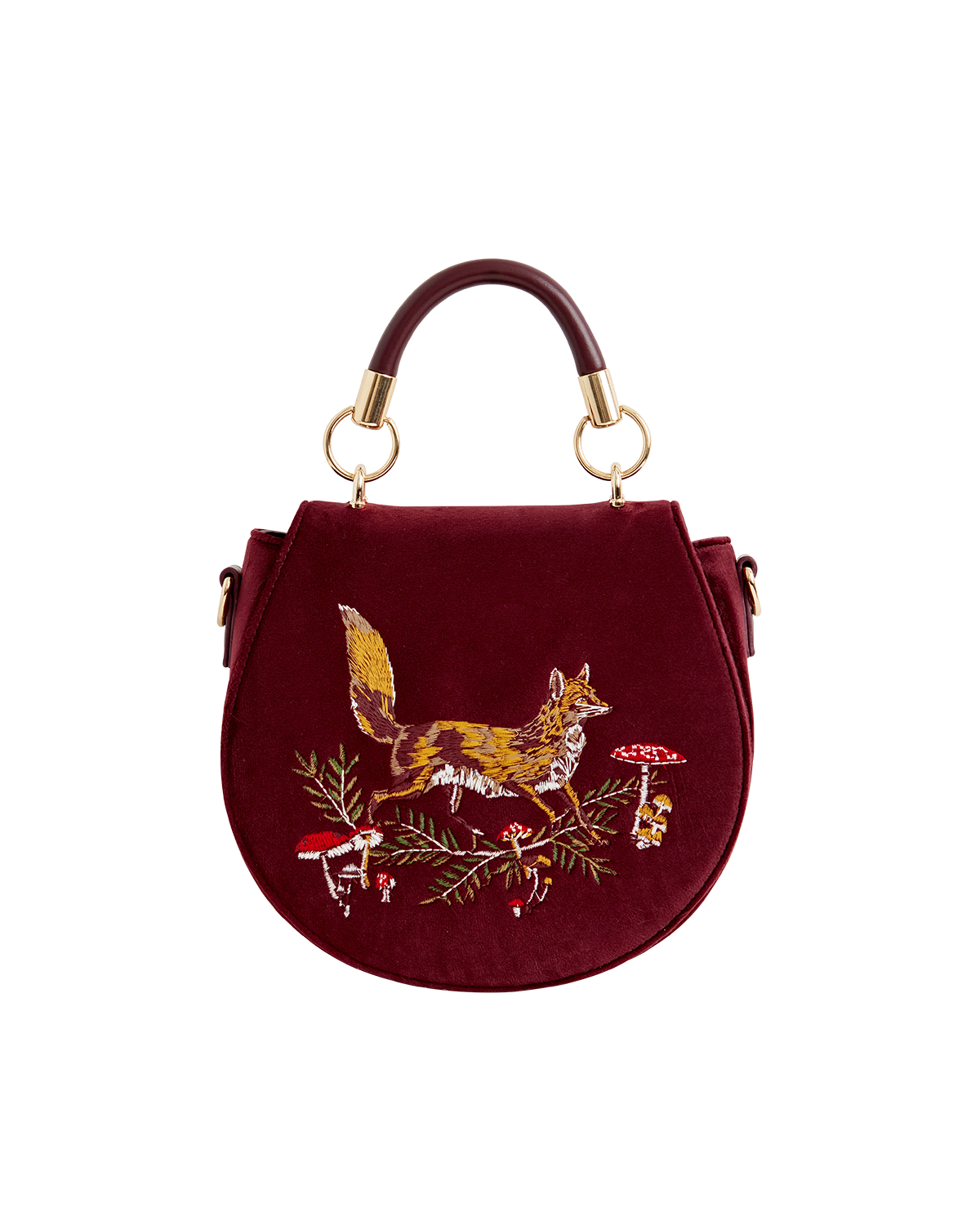 Fox & Mushroom Embroidered Saddle Bag Redcurrant Velvet
