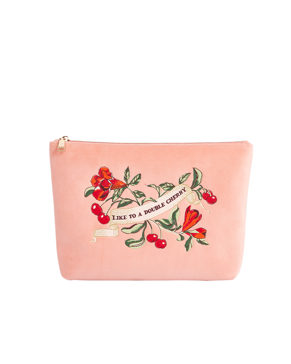 Midsummer Dream Cherry Embroidered Peach Velvet Pouch