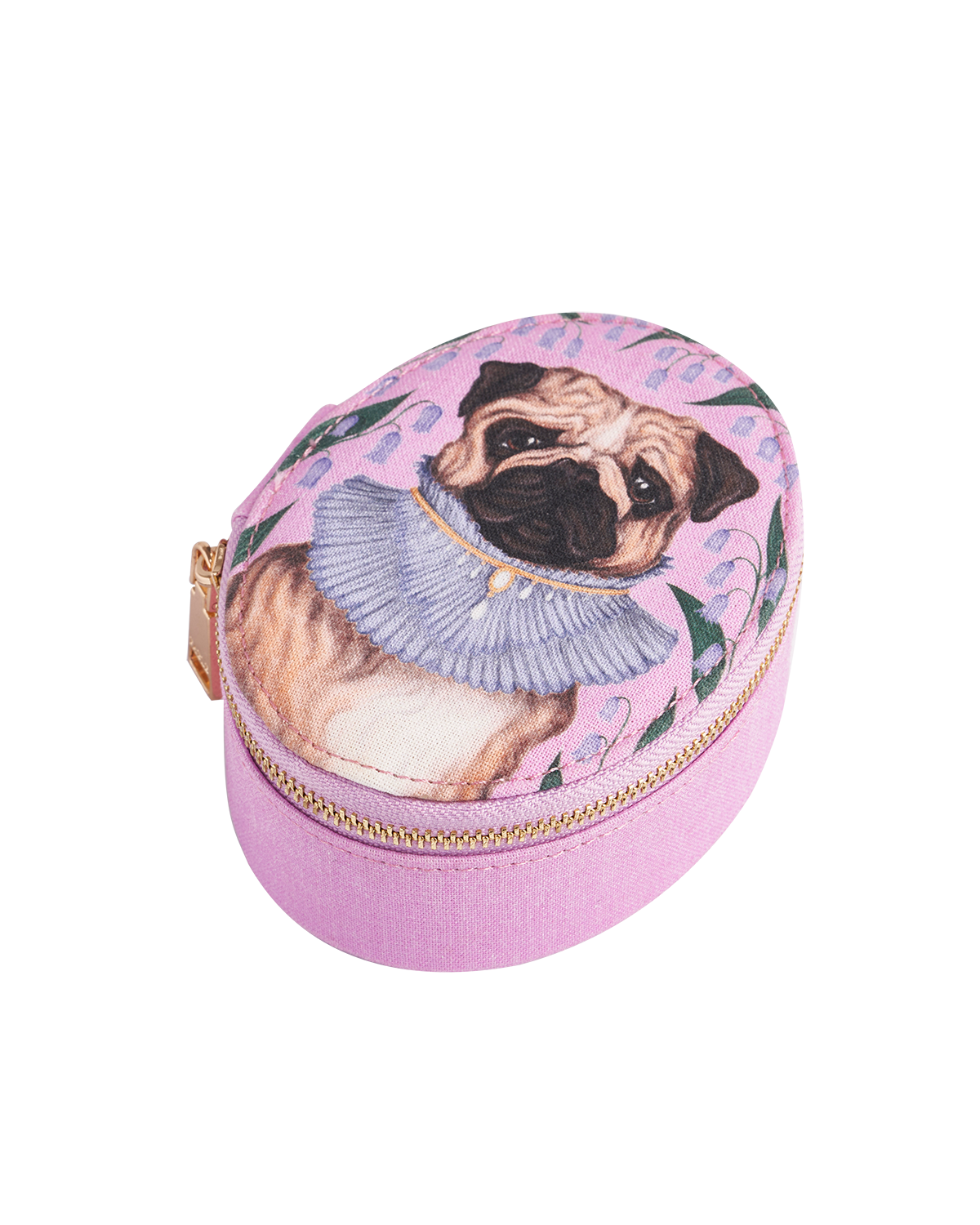 Catherine Rowe Pet Portraits Pug Pink Oval Jewellery Box