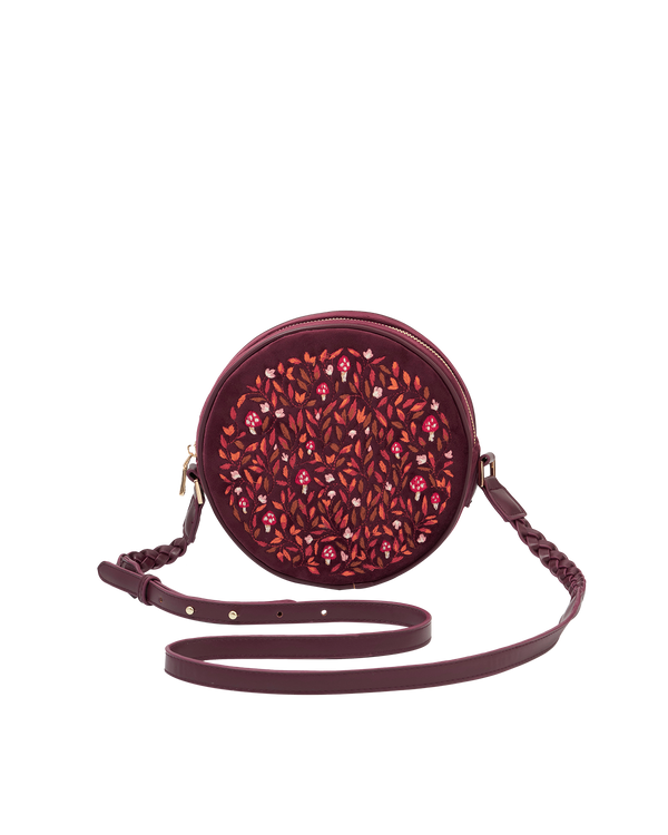 Magical Mushroom Embroidered Burgundy Velvet Circle Bag