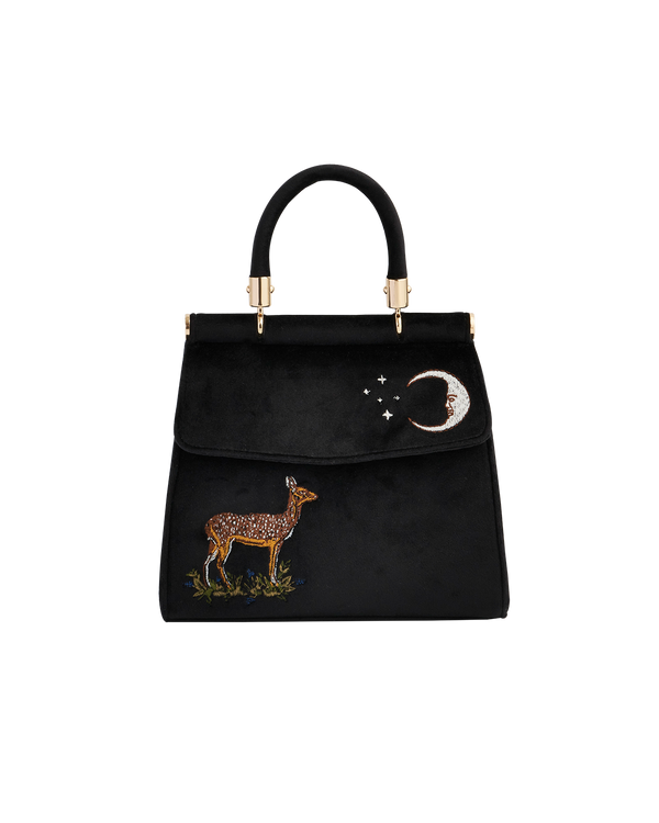 Deer & Moon Embroidered Black Velvet Tote