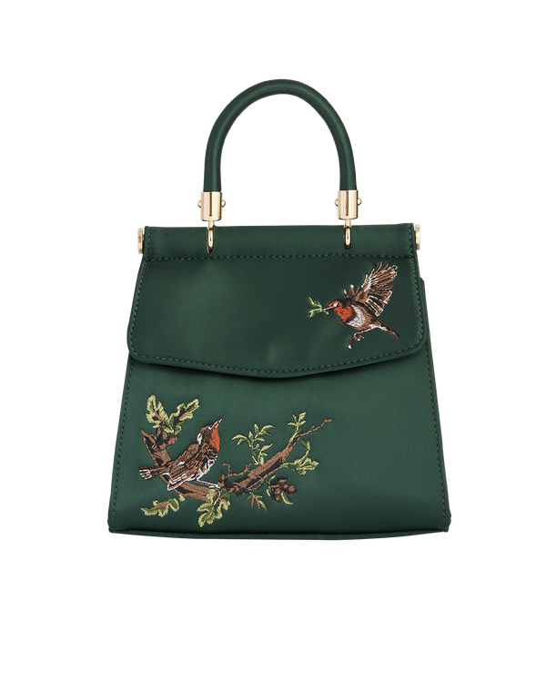 Robin Love Embroidered Green Satin Tote