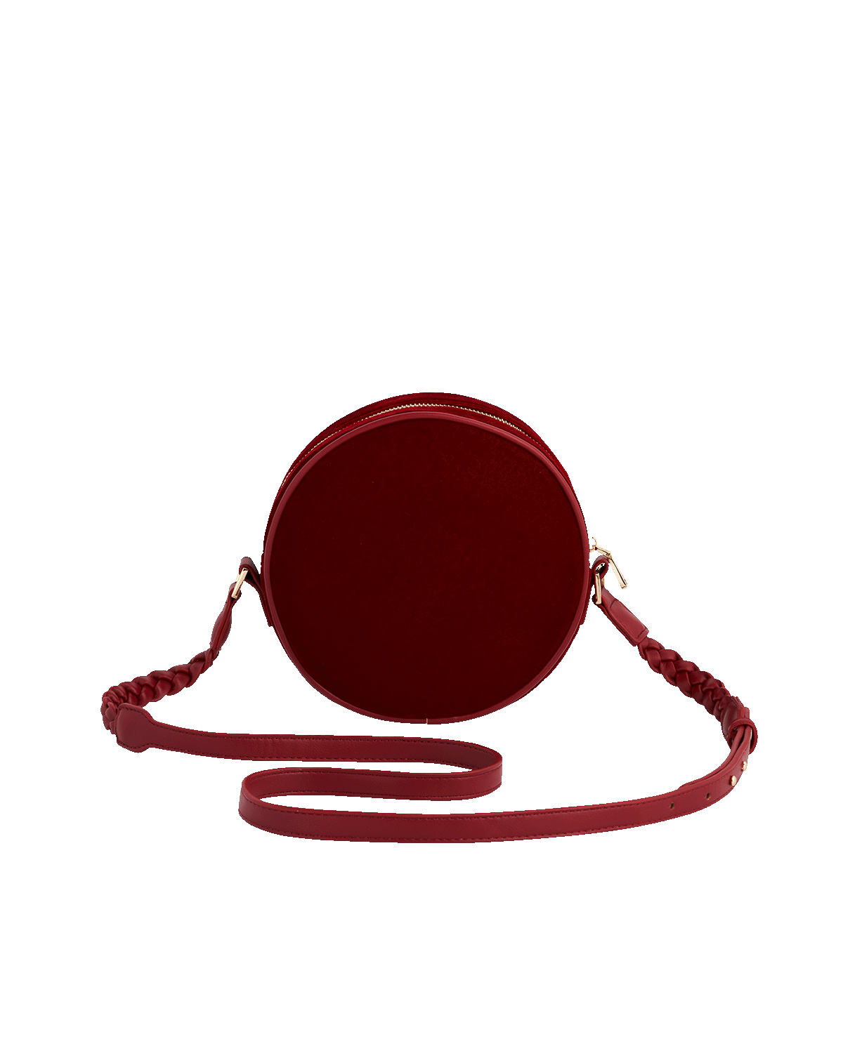 Red round crossbody bag on a white background