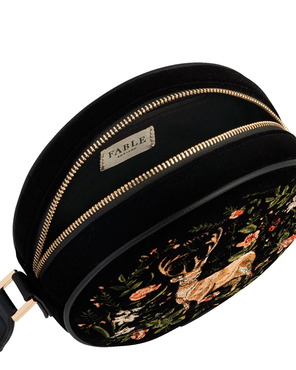 Black crossbody bag with floral design and visible brand logo on a white background