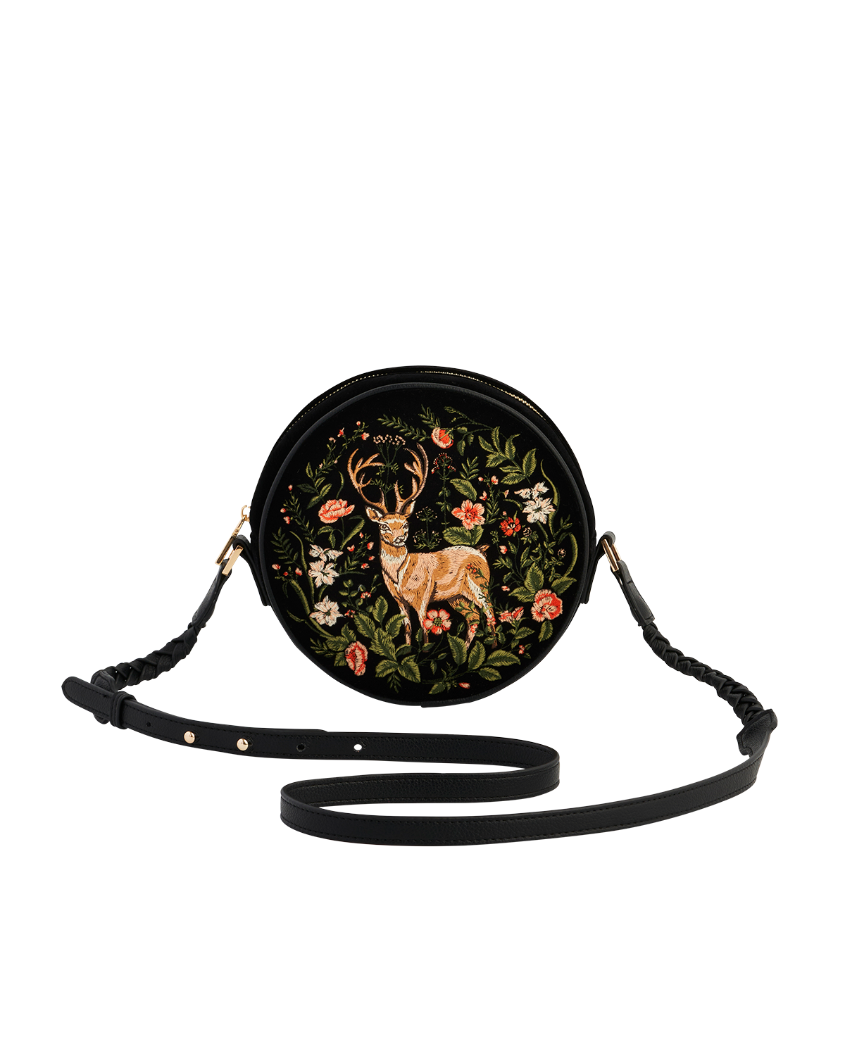 Round bag with deer and floral design on a white background
