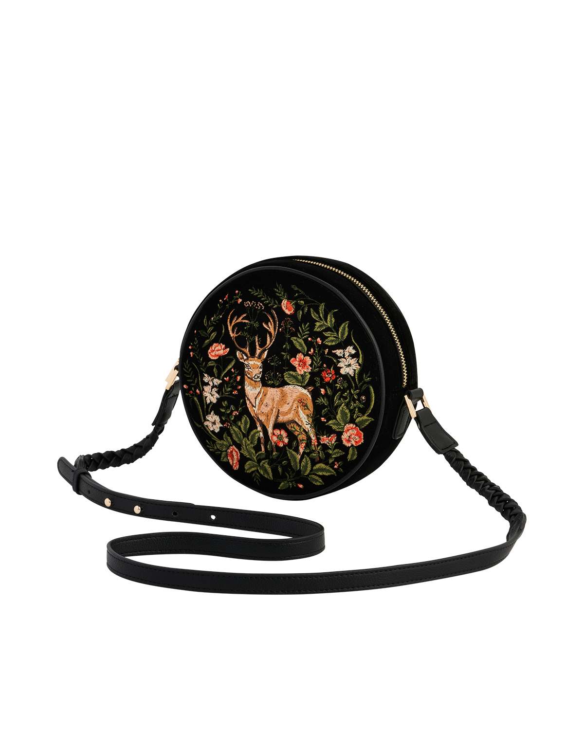 Round black handbag with deer and floral design on a white background