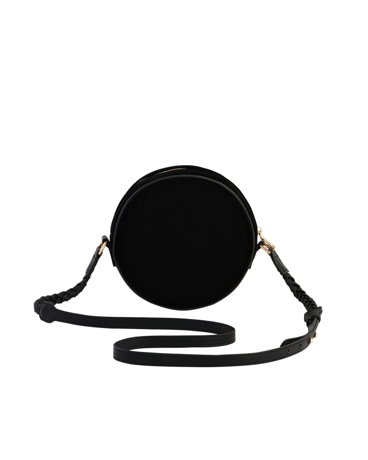 Black round crossbody bag on a white background