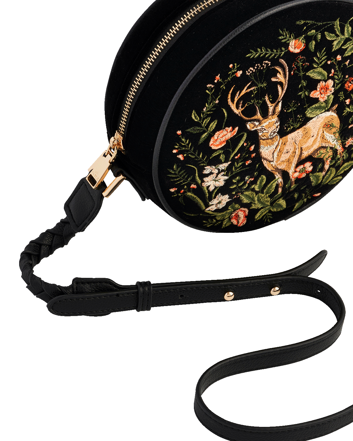 Round black bag with deer and floral embroidery on a white background