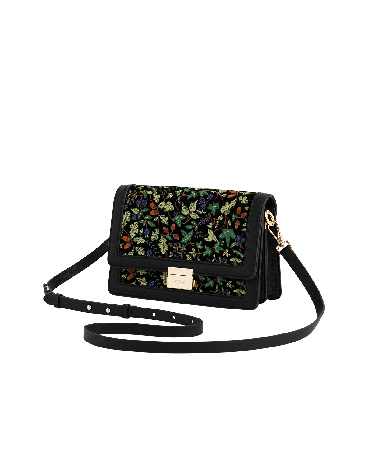 Black handbag with oak leaf pattern on a white background