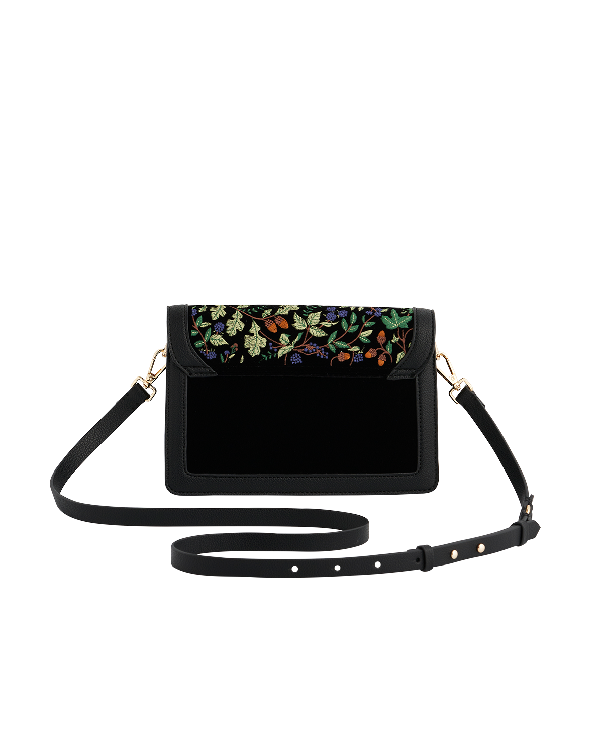 Black crossbody bag with oak leaf patterned flap on a white background