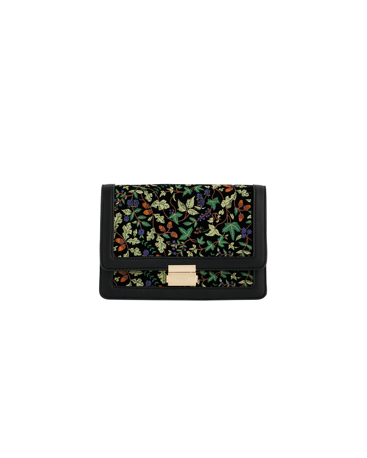 Black crossbody bag with green oak leaf pattern on a white background
