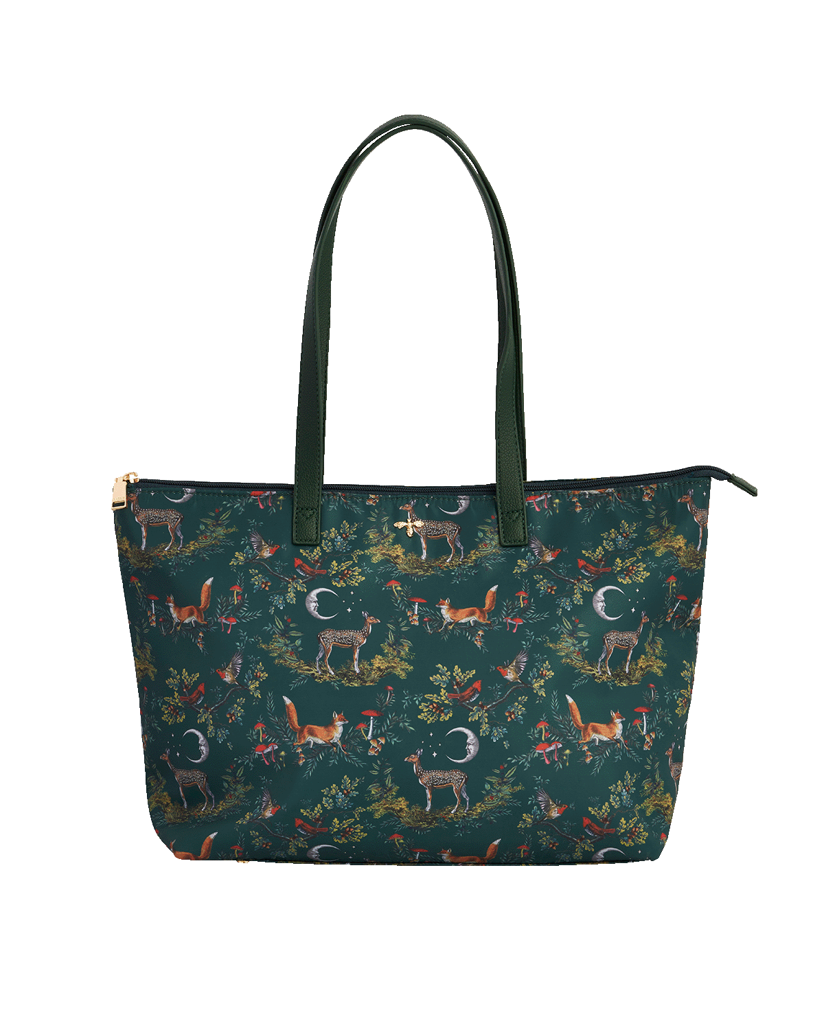 green tote bag with woodland animal pattern on a white background