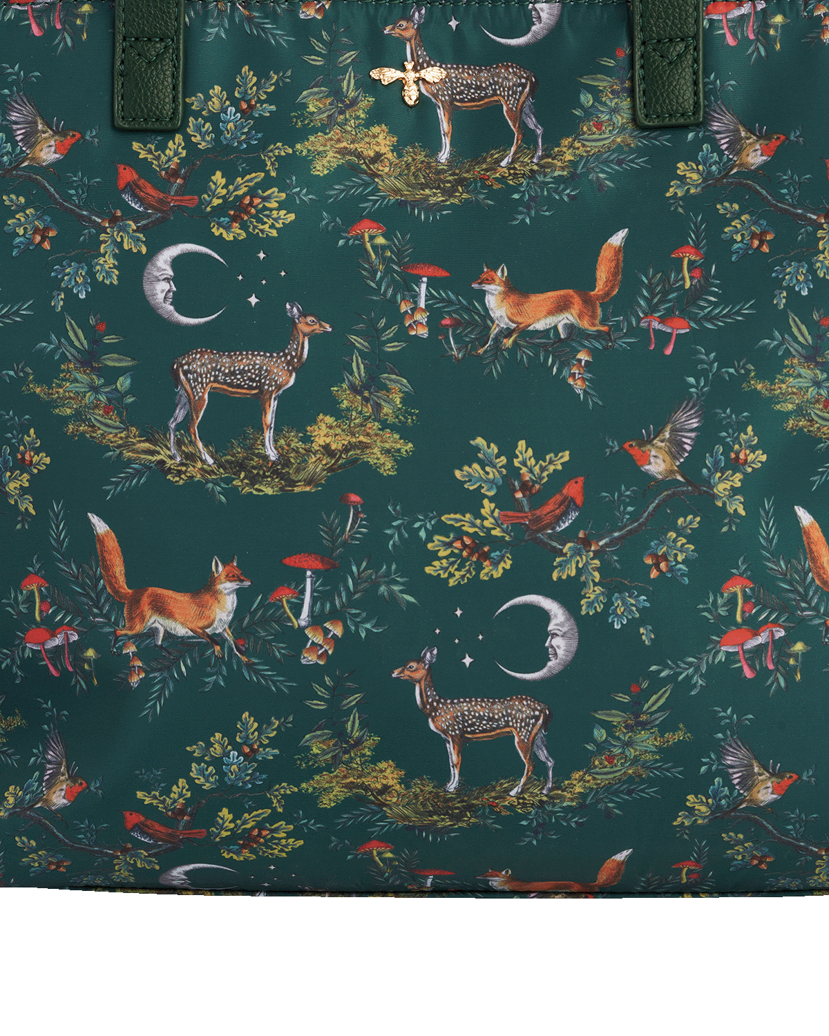 Patterned fabric with forest animals and plants on a dark green background