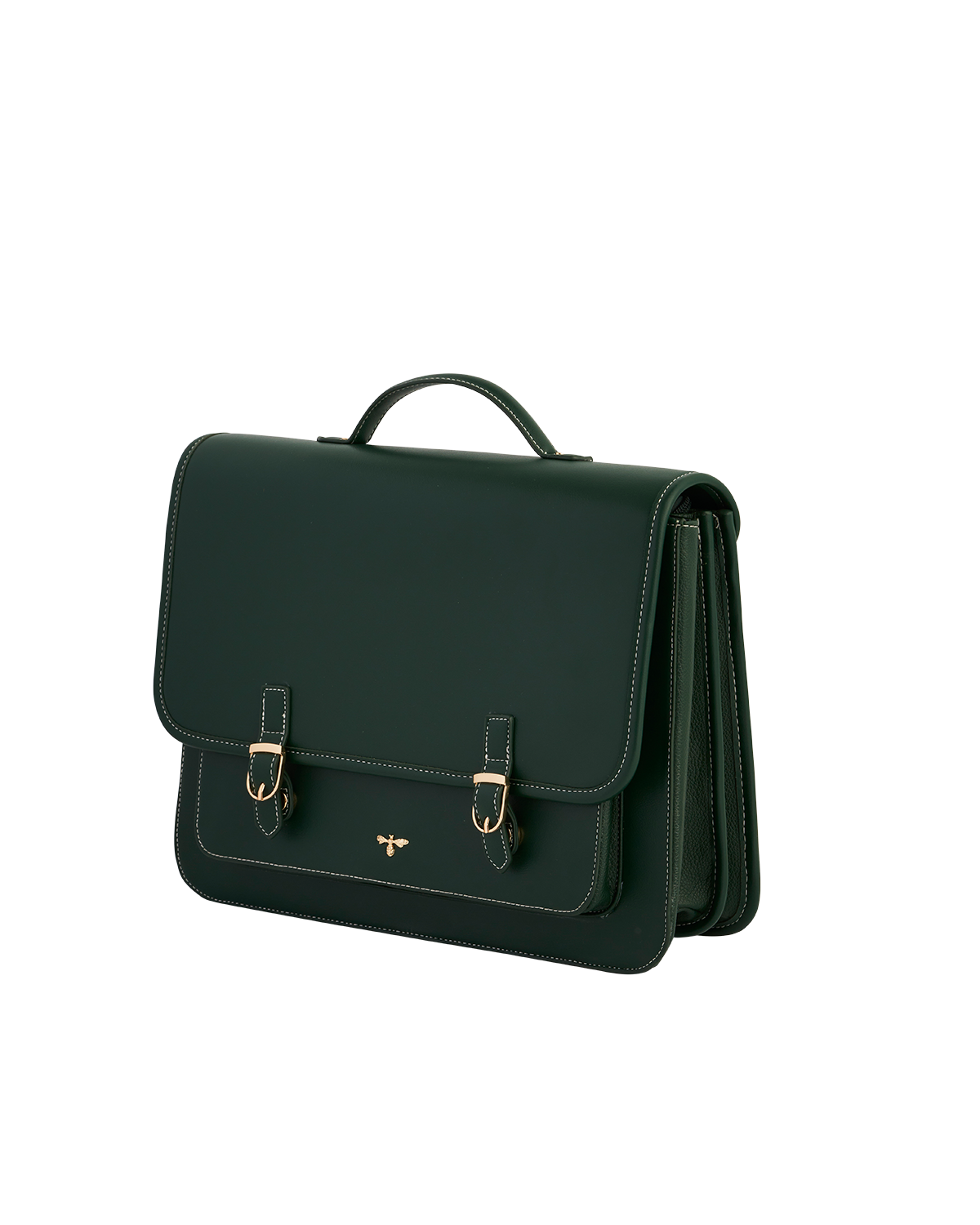green alternative leather satchel bag on a white background