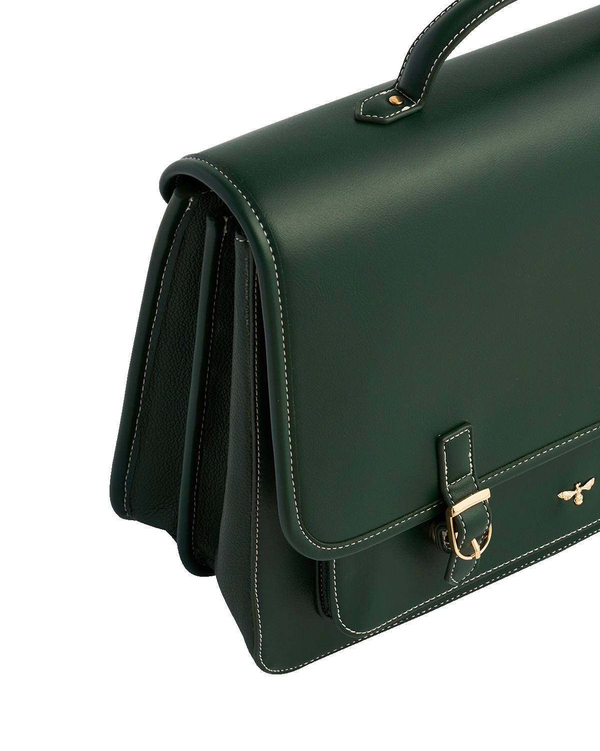 Green alternative leather satchel backpack with a gold buckle on a white background