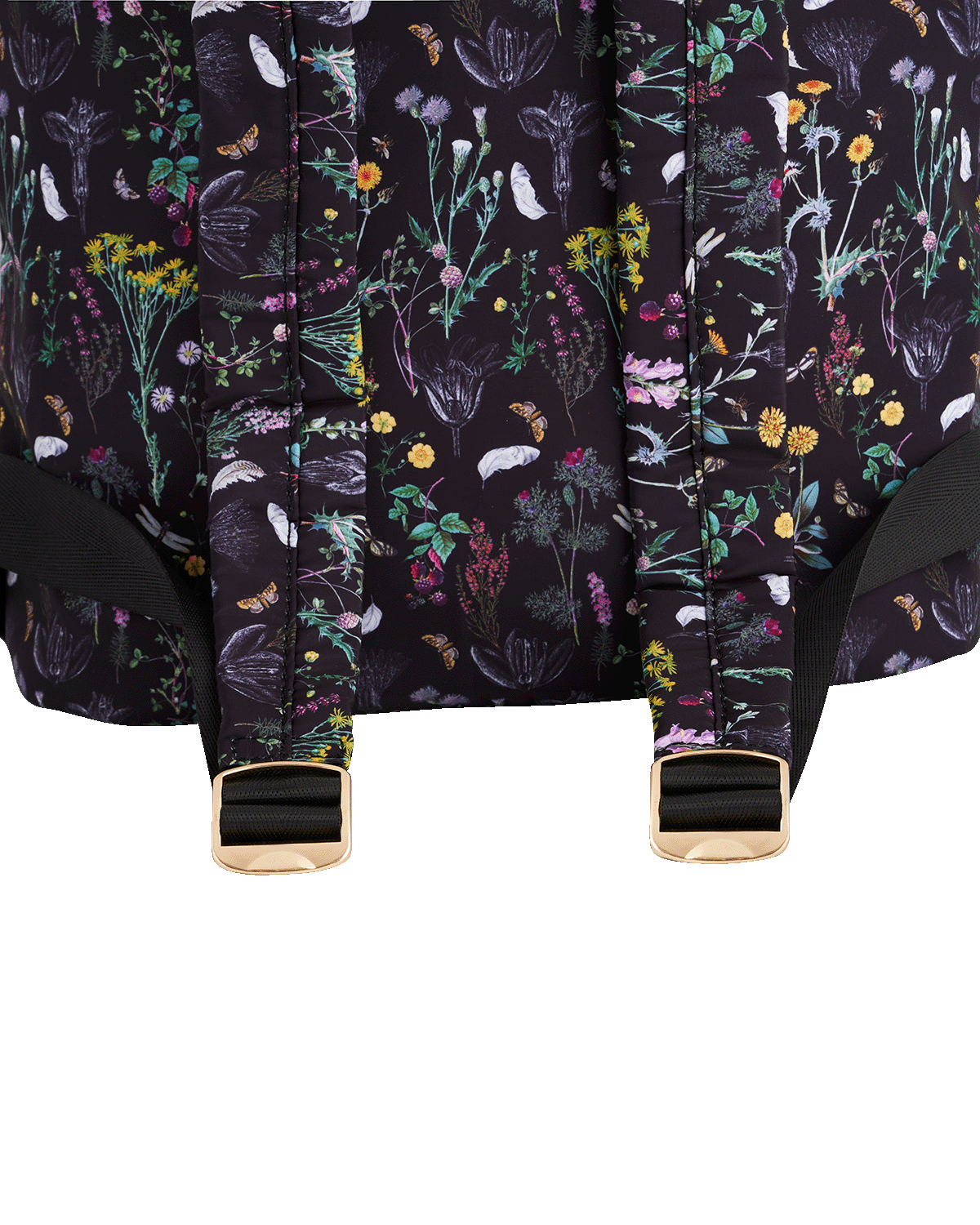 Close-up of a floral-patterned backpack with black background