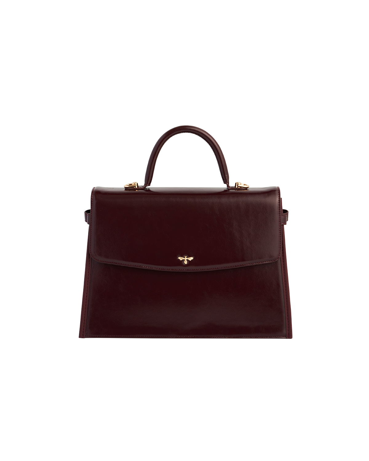 Cherry red alternative leather handbag with gold accents on a white background