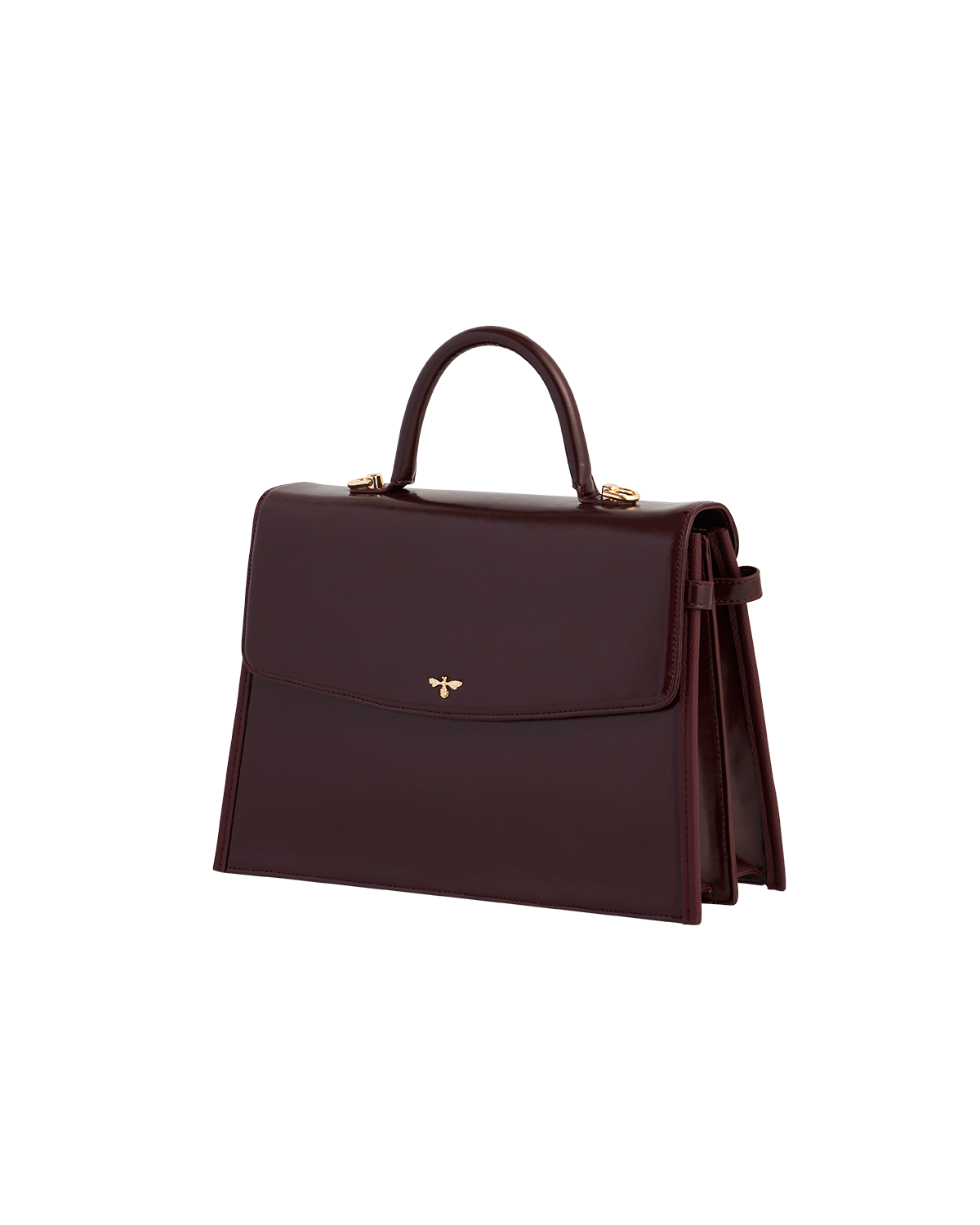 Cherry red handbag with a gold clasp on a white background