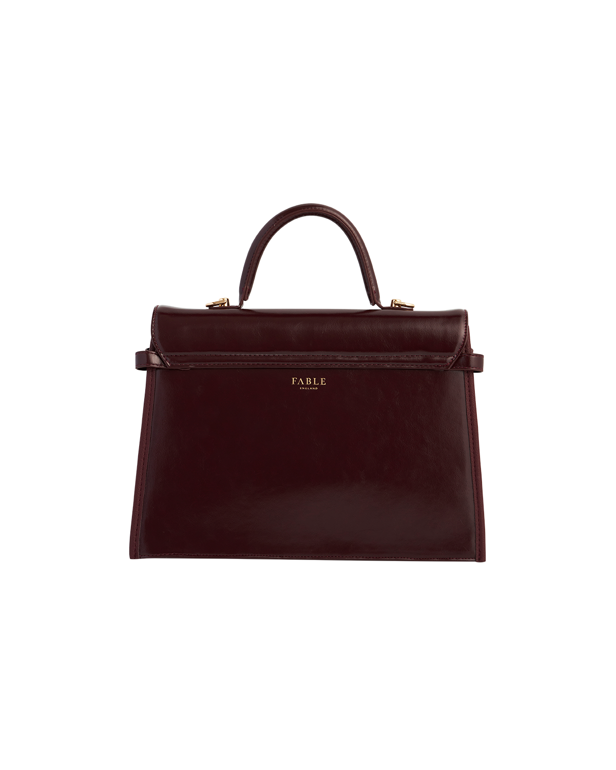 Cherry red handbag with 'Fable England' branding on a white background