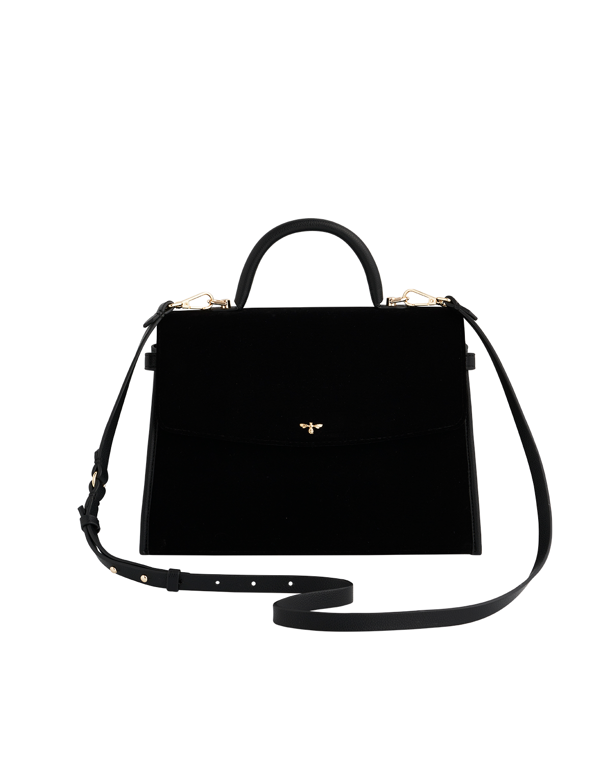 Black velvet handbag with a strap on a white background