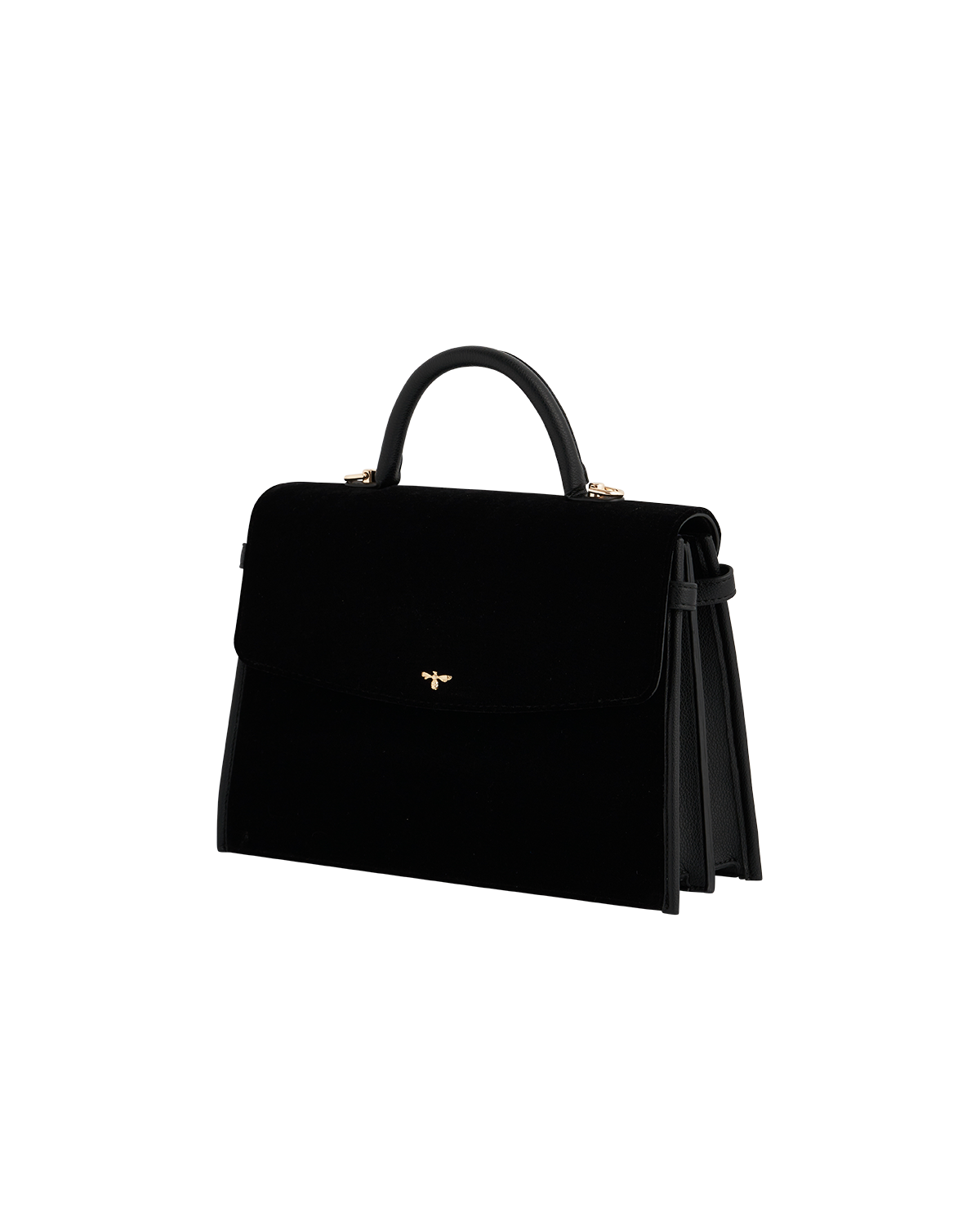 Black velvet handbag with a visible brand logo on a white background