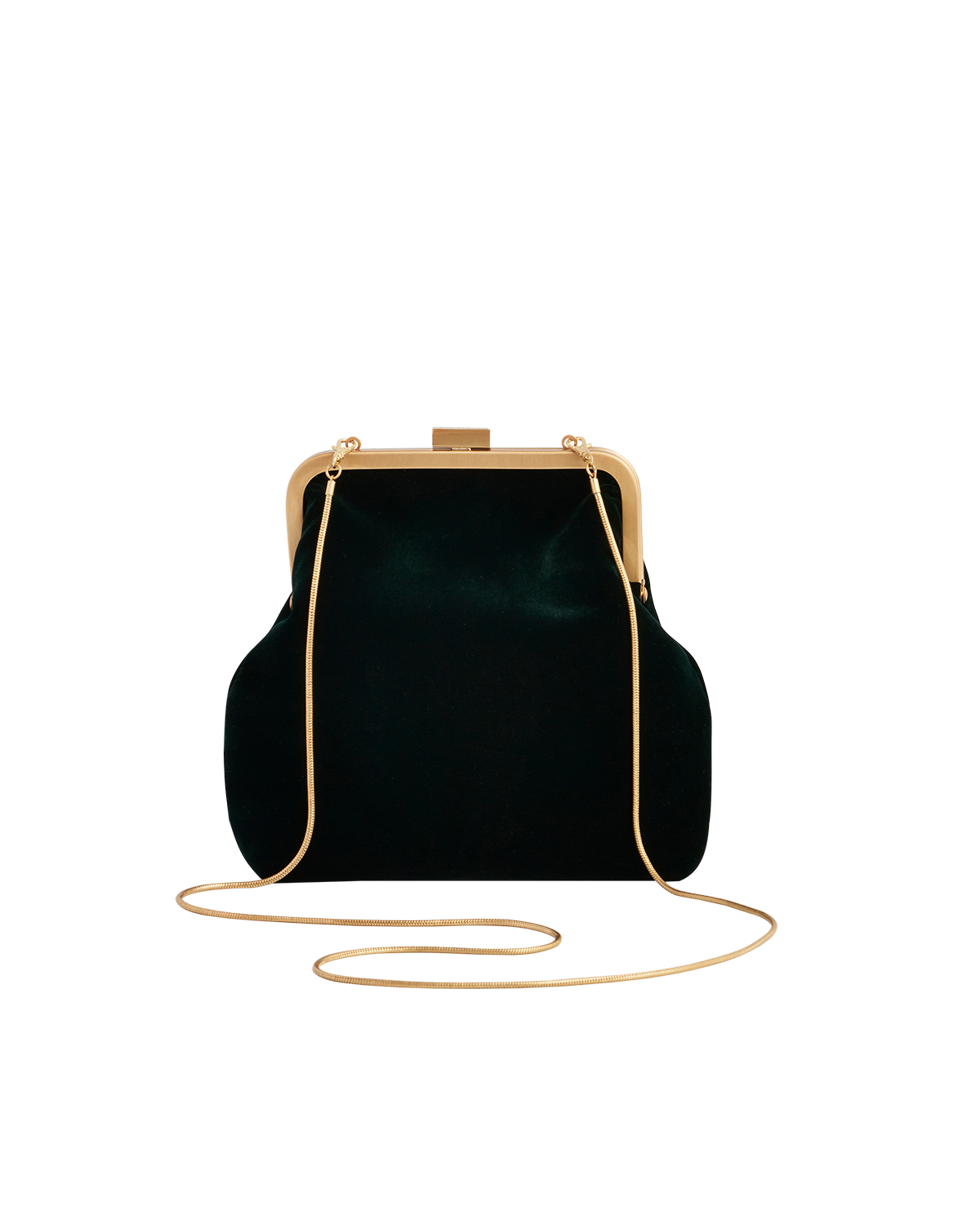Green handbag with gold chain strap on a white background