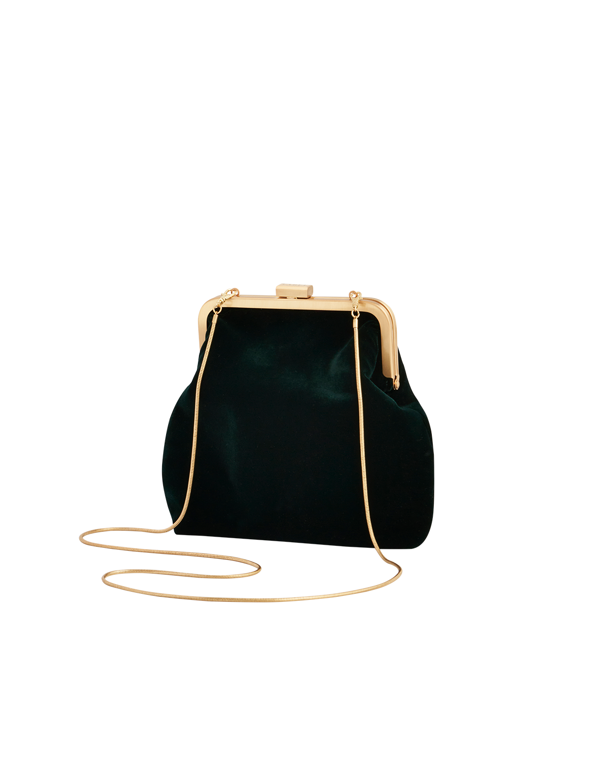 Green velvet handbag with gold frame and chain strap on a white background